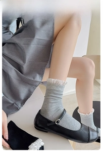 Détail de chaussettes grises en tricot avec bordure en dentelle blanche et texture côtelée