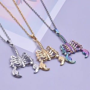 Colorful 18K gold stainless steel scorpion pendants in silver, gold, and rainbow finishes