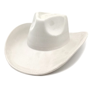 Detailed view of white faux suede cowboy hat showing fine stitching and wide curved brim