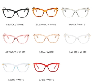 Cat eye glasses frames collection in eight diverse colors including leopard and pink