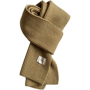 Chic camel knitted scarf with ribbed texture and minimalist brand label for winter warmth
