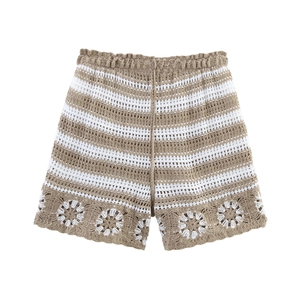 Bohemian crochet knit shorts with flower hollow pattern and elastic waist in beige white