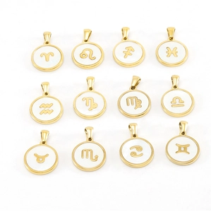 Set mit 12 runden Gold-Sternzeichen-Anhängern mit weißer Muschel-Einlage und Symbolen