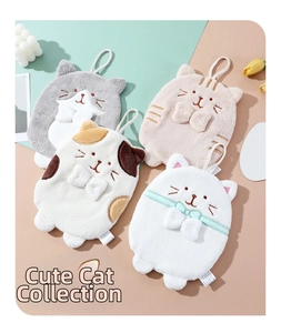 Close-up of four cat-shaped hanging hand towels made of absorbent thick coral fleece