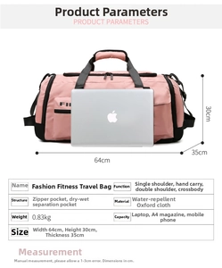 Detailed size specifications of pink travel duffel bag with waterproof dry-wet separation