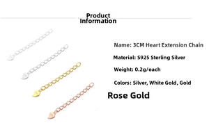 Detailed view of S925 sterling silver 3cm heart extension chains in four metallic colors