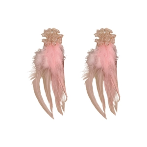 Pink feather tassel drop earrings with crystal clusters and bohemian fringe aesthetic