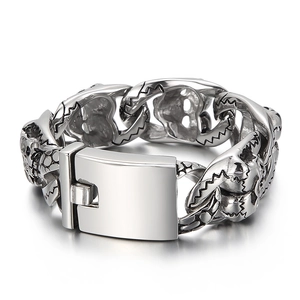 Bracelet punk vintage en acier inoxydable avec double crâne et fermoir poli robuste