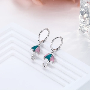 Cute S925 silver umbrella hoop earrings with green and pink enamel drip oil design