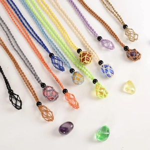 Handmade woven net necklace with colorful wax cords and natural raw stones pendants
