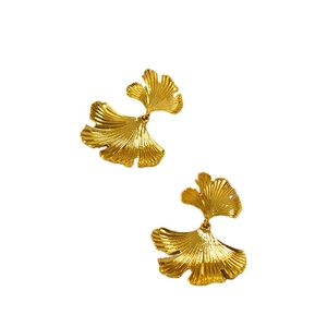 Exaggerated vintage gold-plated brass ginkgo leaf earrings with 925 silver needles