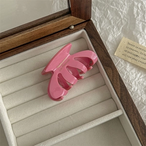 Close-up of a glossy pink pumpkin oval hair claw with golden lettering in a jewelry box