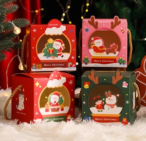 Christmas gift boxes with festive patterns and window design on soft white faux fur rug
