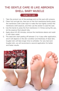 Exfoliating foot peel mask with peach extract showing detailed five-step usage instructions