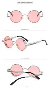 Steampunk round sunglasses with silver metal frame and ocean pink lenses in three views