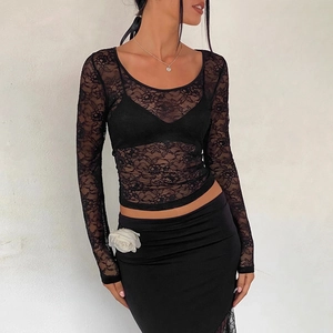 Haut Sexy En Dentelle À Manches Longues Pour Femmes Coupe Ajustée Transparent T-Shirt Court Col Rond
