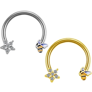 Set of two stainless steel horseshoe rings with bee pendant and crystal star charms