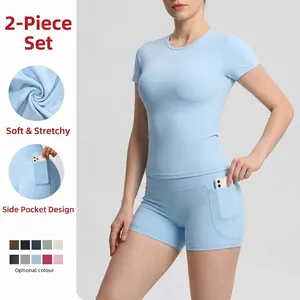 Women Brushed Yoga Workout Set Short Sleeve Top And High Waist Pocket Shorts Sportswear Fitness Running Activewear Suit