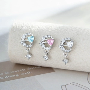 Zircon Heart Ear Cartilage Stud Piercing Copper Stainless Steel Threaded Back Small Delicate Elegant Moon Track Jewelry