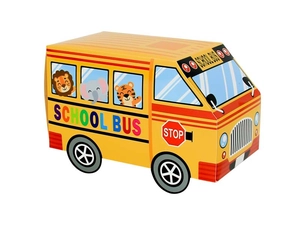 Detail view of yellow school bus party favor box with colorful animal prints