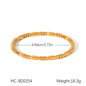Detail view of 18K gold plated stainless steel bead bracelet showing 6.93cm inner diameter