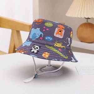 Detail of purple sun hat featuring cartoon animal prints and white adjustable chin strap