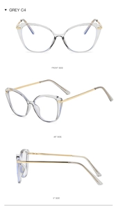 Three-angle view of transparent grey cat-eye glasses with gold metal temples