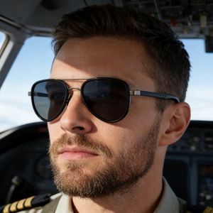 Polarized aviator sunglasses with dark lenses and grey metal frame for pilot style