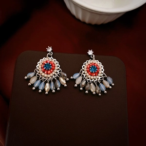Vintage flower earrings with rhinestones, colorful beads, and fringe in French royal style