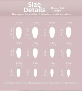 Size chart for French orange almond press-on nails featuring 24 pieces in 12 distinct sizes