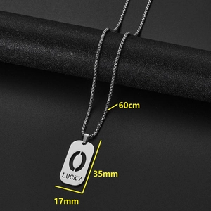 Silver stainless steel necklace with Lucky rectangle pendant on black texture background