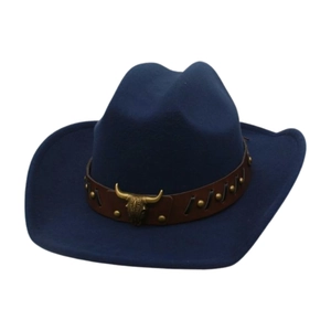 Western Cowboy Hat Polyester Felt With Bull Skull Metal Buckle Retro Ethnic Style Wide Brim Fedora For Men Women