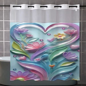 Detail of waffle-weave shower curtain with 3D embossed heart and floral patterns