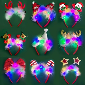 Cerchietto Natalizio LED Luminoso Corna Di Renna Babbo Natale Albero Piume Paillettes Accessorio Costume Festa Bambini Adulti