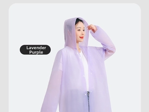 Lavender purple EVA long raincoat with drawstring hood and snap button closure