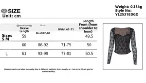 Detaillierte Größentabelle für figurbetontes Spitzen-Langarmshirt mit Maßen in Zentimetern