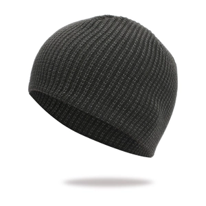 Dark grey ribbed knit beanie for men and women featuring reflective yarn for outdoor warmth