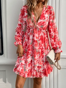 Detailed view of the elegant V-neck long sleeve floral print dress with ruffle hem details
