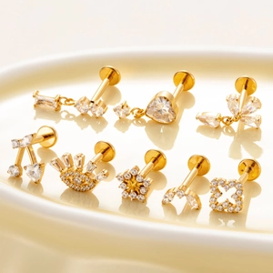 9pcs set of gold titanium heart and star cartilage studs with clear cubic zirconia stones