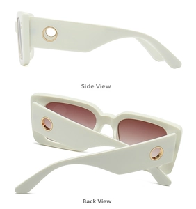 Detail view showing wide cream square frames and gold circular hardware on sunglasses side