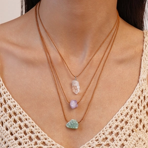 Natural Crystal Raw Stone Multi Layered Necklace Bohemian Irregular Amethyst White Quartz Pendant Handmade Jewelry For Women