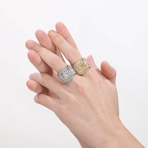 Hip hop square king ring for men with full crystal rhinestones in gold and silver