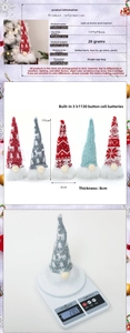 Detail view of five glowing Christmas gnomes with knit hats and warm LED lights