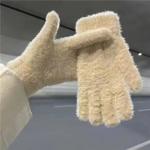 Plush faux rabbit fur winter gloves for women in beige providing warmth and comfort