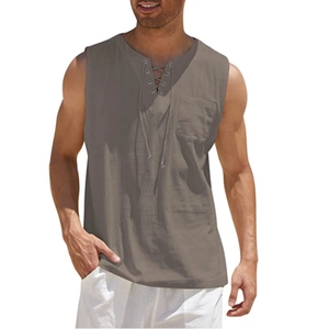 Detail of men's sleeveless cotton linen shirt featuring lace-up V-neck and chest pocket