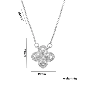 Silver titanium steel four-leaf clover zircon necklace with 40+5cm adjustable chain