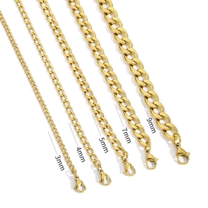 Golden stainless steel Cuban link necklaces in 3mm to 9mm widths with lobster clasps