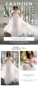 Exquisite white lace floral applique on deep V-neck wedding dress with mesh details