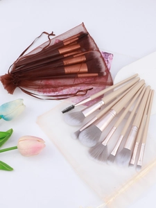 Detailed overhead shot of 9pcs makeup brush set with mesh bag and tulip accents