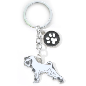 Silver Schnauzer dog keychain with black and white enamel heart paw pendant charm